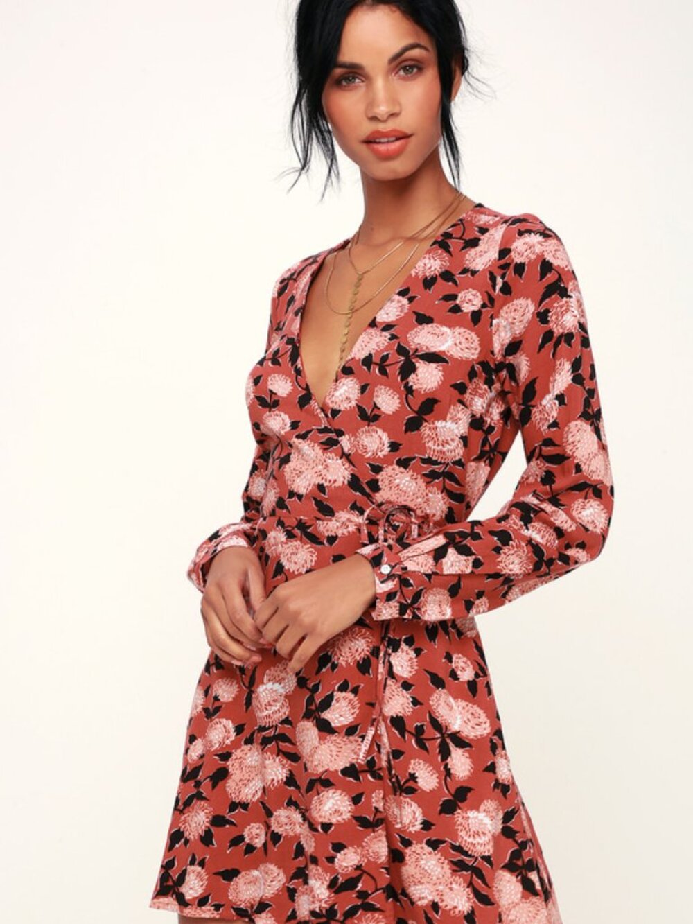 Obey Rusty Rose Floral Print Long Sleeve Wrap Dress - Medium